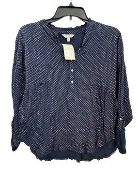 Lucky Brand Navy Polka Dot Button-Front Blouse Womens M Lightweight Casual